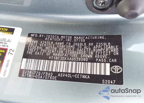 2010 Toyota Camry Le from USA, damaged, VIN 4T1BF3EKXAU526080